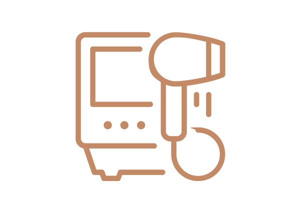 Simple brown line drawing of a desktop computer and a corded computer mouse on a light background.