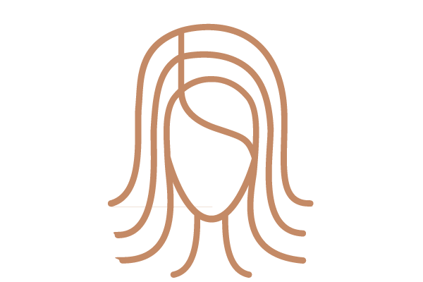 Simple line drawing of a person's head with long, wavy hair and no facial features, on a plain background.