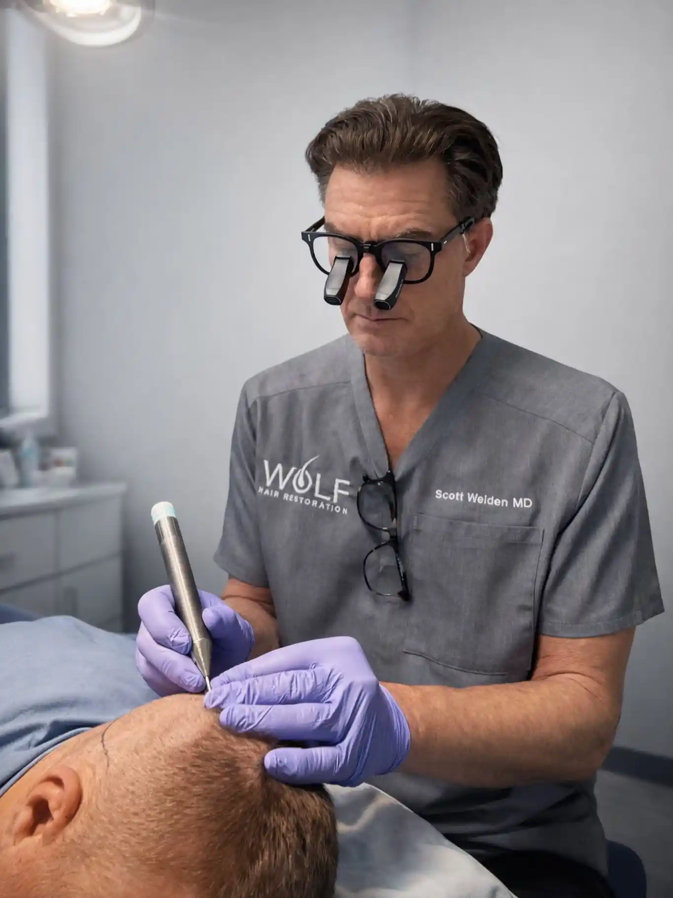 A doctor in scrubs and magnifying glasses performs a hair restoration procedure at Wolf Hair Restoration, one of the leading Cincinnati hair restoration specialists, using a medical device on a patient's scalp.