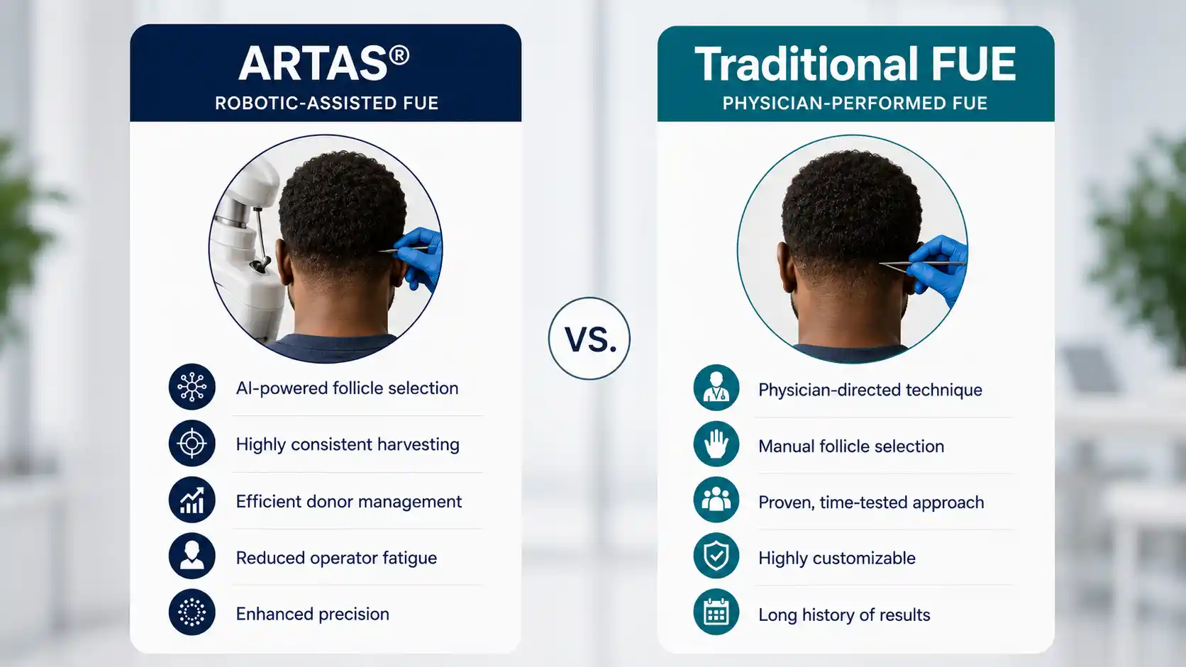 A comparison chart of ARTAS robotic-assisted FUE and traditional physician-performed FUE, listing features and showing a rear view of a man’s head being marked for hair transplant.