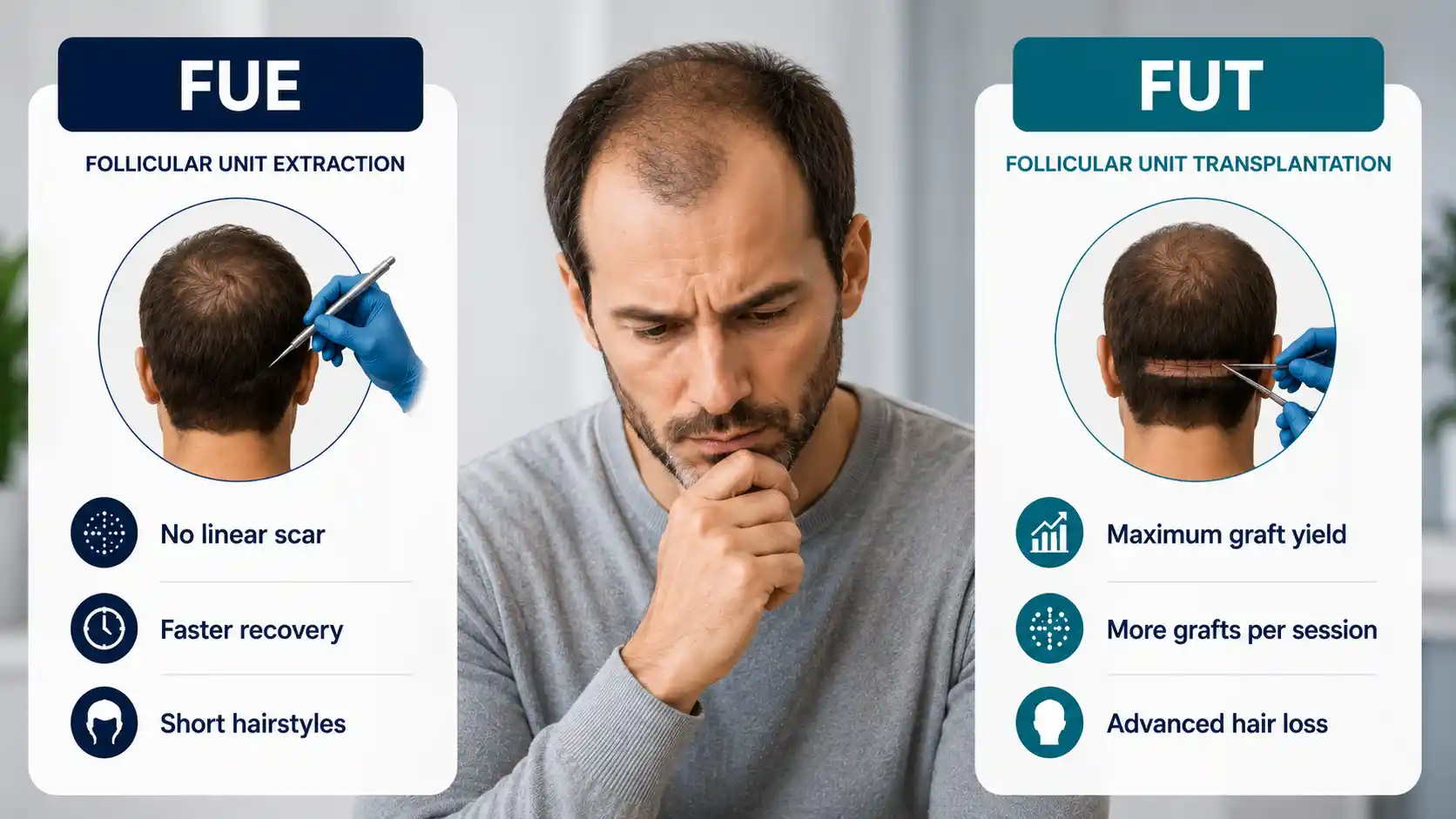 A man looks down thoughtfully between two illustrated charts comparing FUE and FUT hair transplant methods, highlighting their respective benefits.