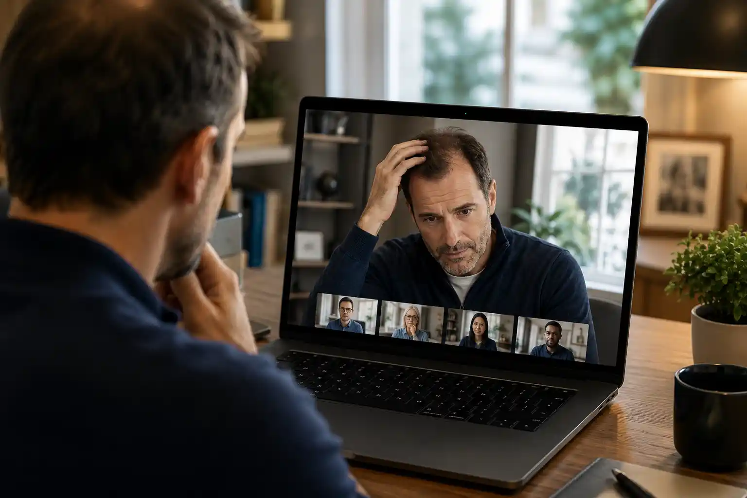 A man participates in a video conference on his laptop with four other people, one of whom appears concerned and is touching his head.