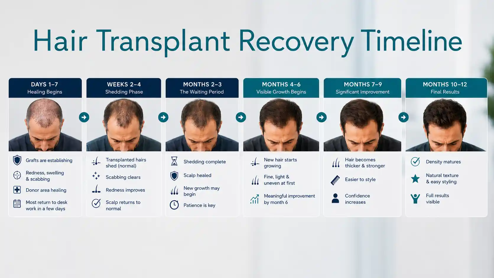 A timeline chart showing hair transplant recovery stages from day 1 to 12 months, with photos of a man's scalp and key milestones for each period.