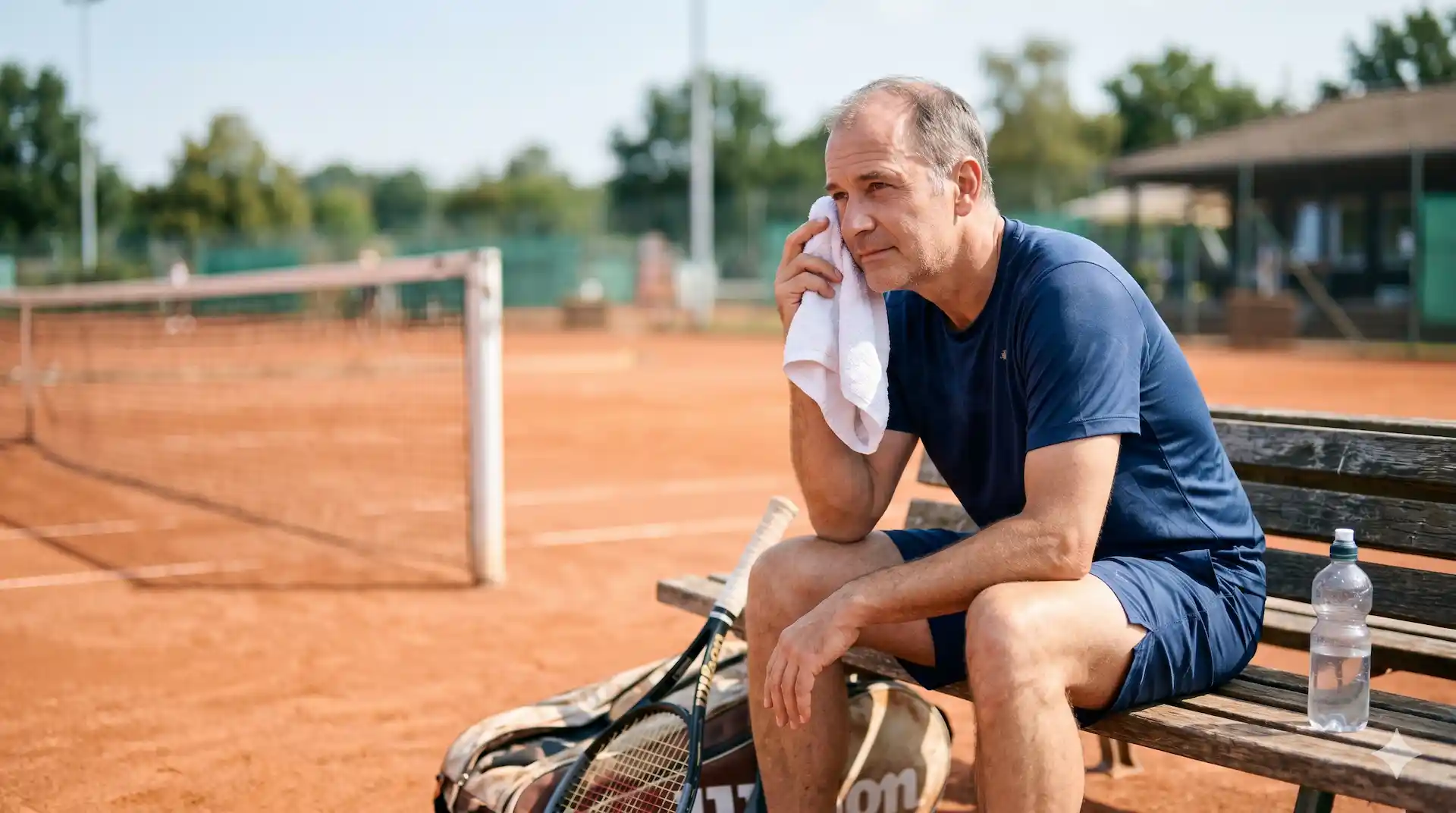 A man in sportswear sits on a bench by a tennis court, wiping his face with a towel. A tennis racket bag and water bottle are nearby.