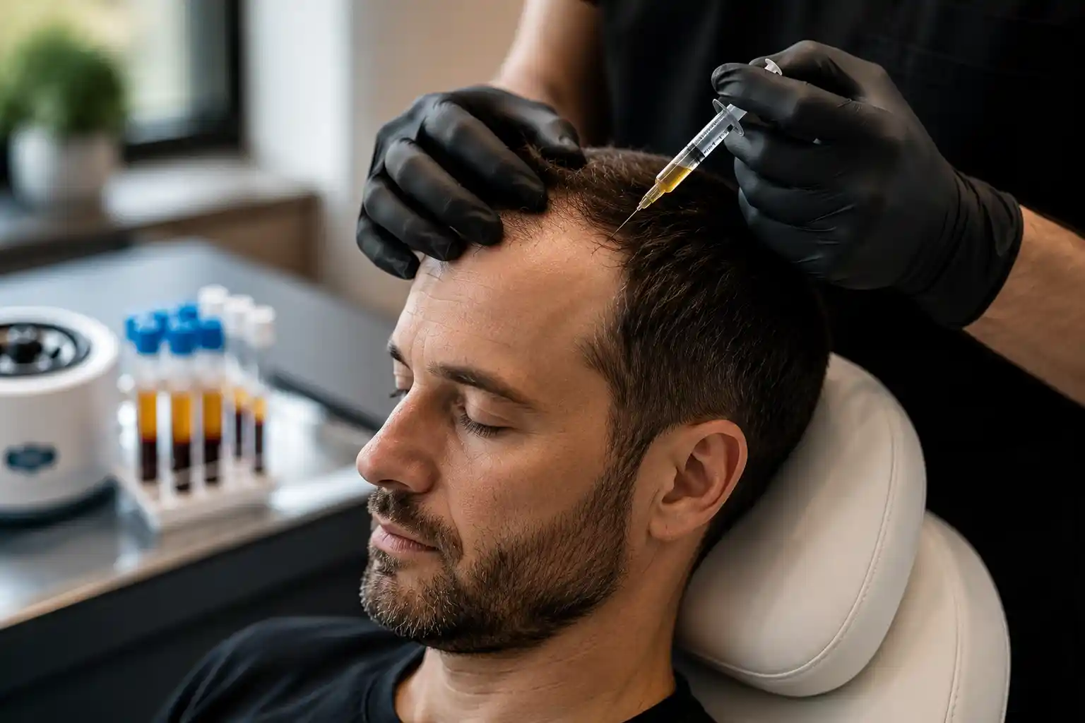 A man with closed eyes receives a scalp injection from a gloved practitioner in a medical setting, with test tubes visible in the background.