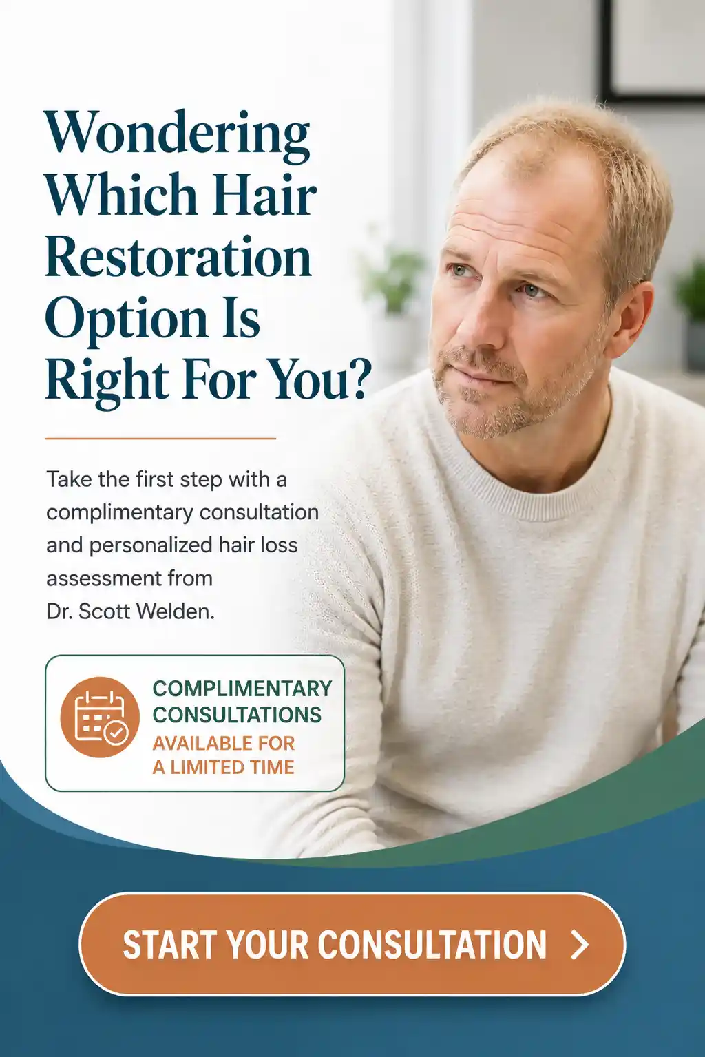 A middle-aged man with thinning hair sits on a couch, looking thoughtful. Text offers complimentary consultations for hair restoration options.