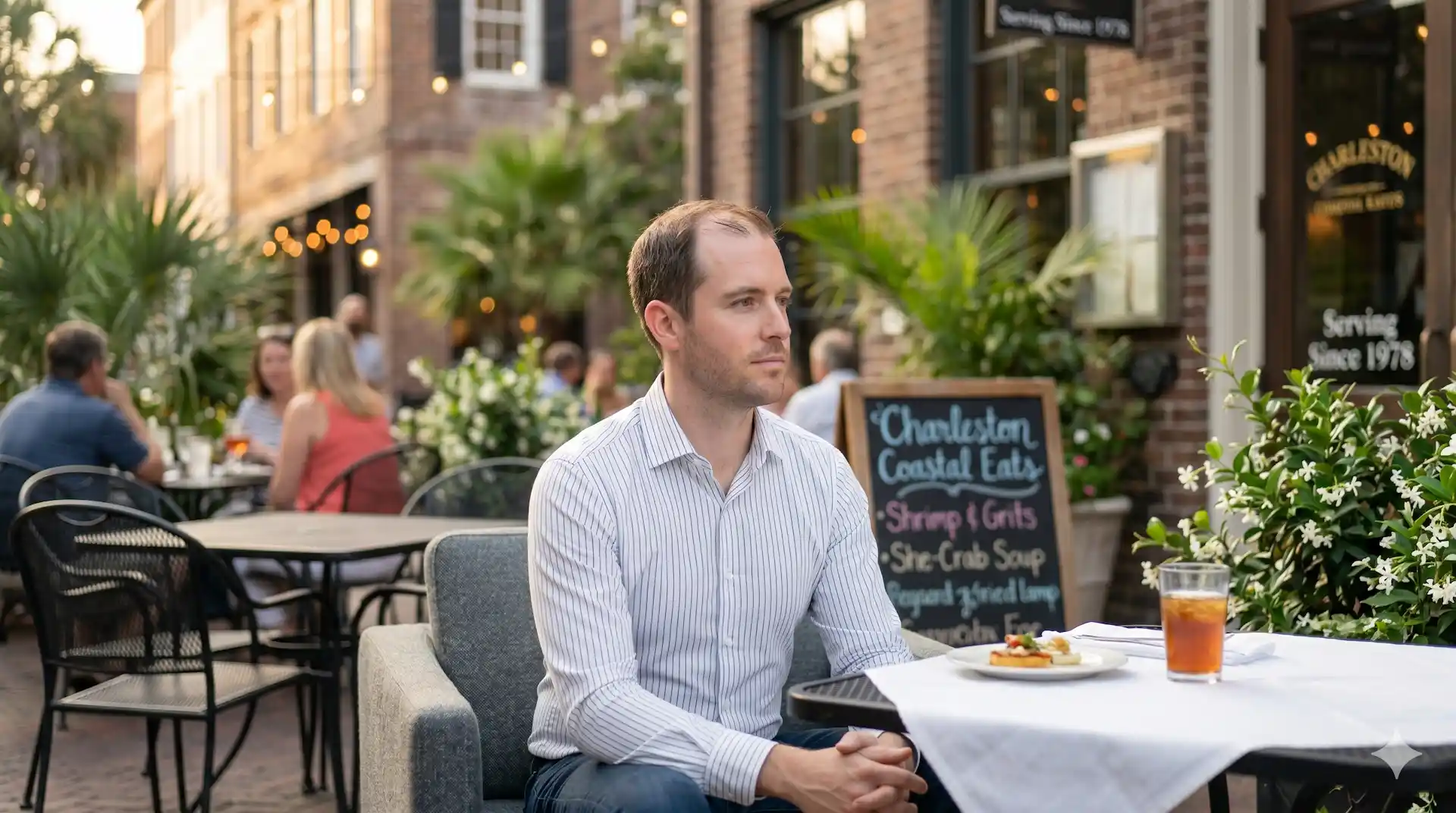 A man sits alone at an outdoor restaurant table with food and a drink, surrounded by other diners and greenery, with a chalkboard menu in the background.