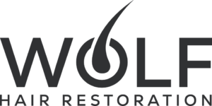 Logo for Wolf Hair Restoration with the letter "O" stylized as a hair follicle graphic. The words "HAIR RESTORATION" appear below in uppercase letters.