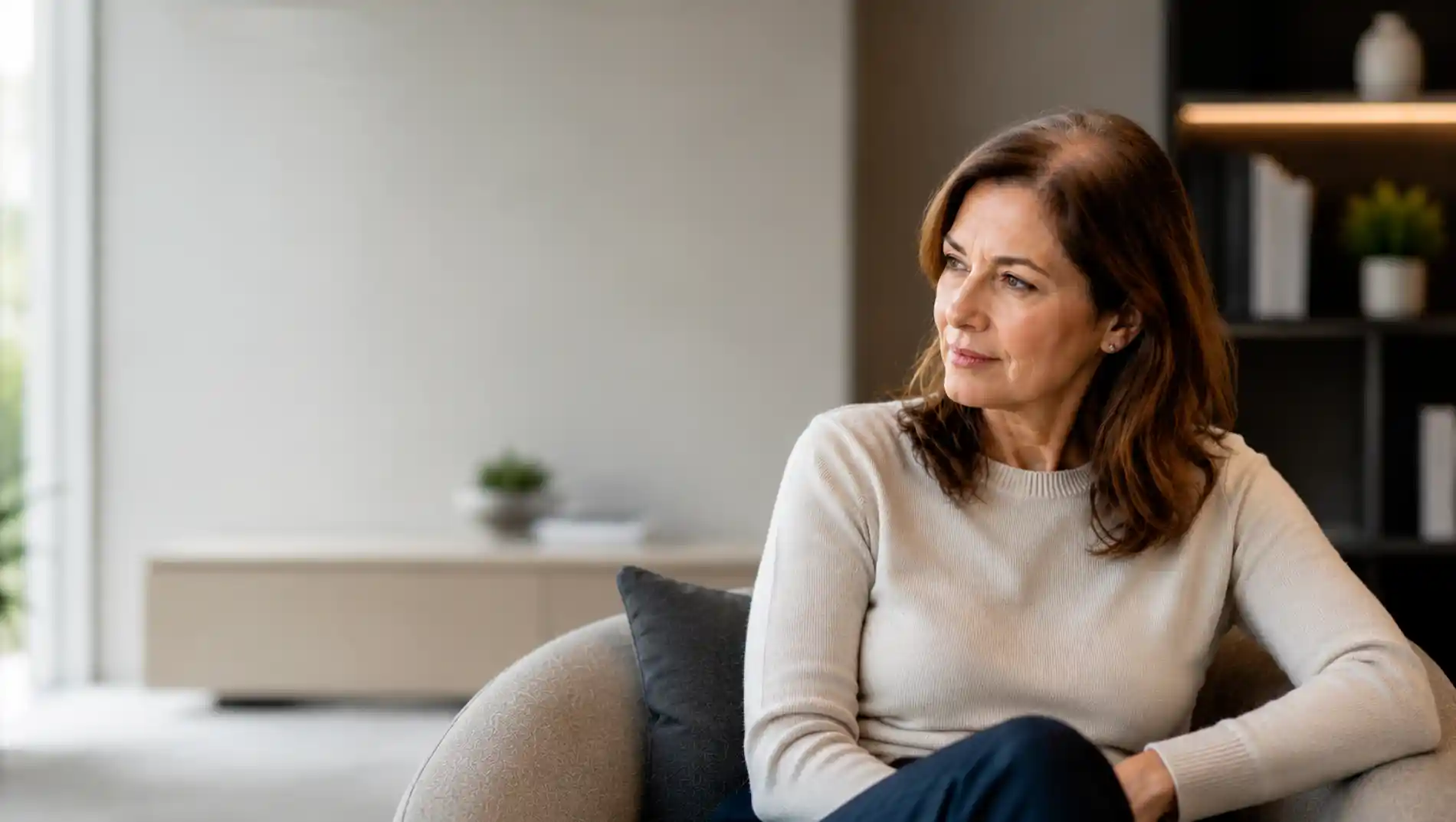 A woman with brown hair sits on a chair indoors, looking to her left with a neutral expression. Shelves with books and decor are visible in the background.